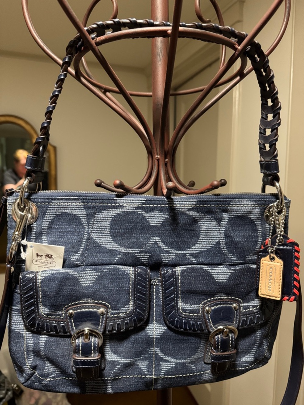 Coach Navy Denim Signature Shoulder Bag with Braided Leather Strap